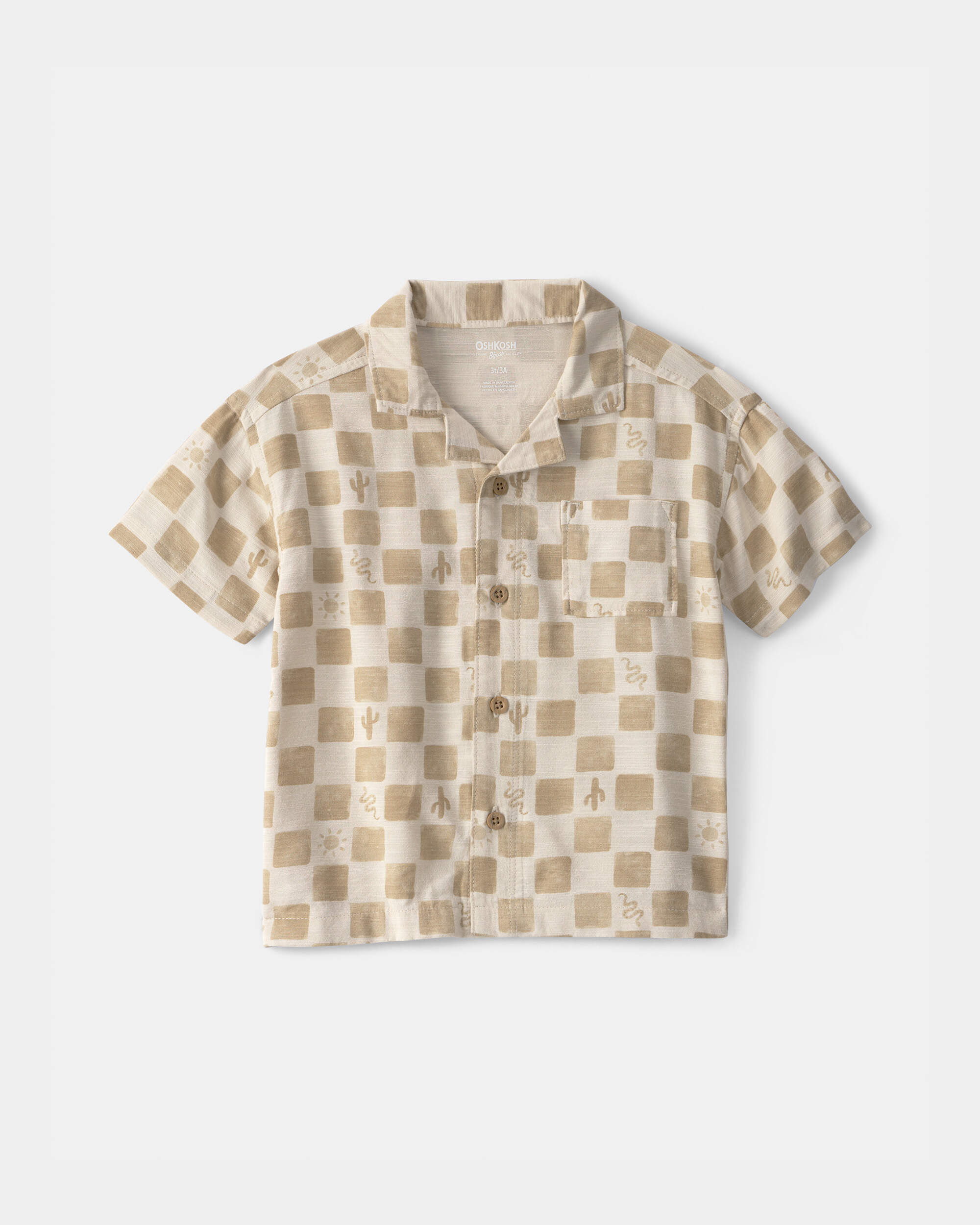 OshKosh Bgosh Toddler Boy Cactus Checkered Short-Sleeve Button-Down Shirt 2T Beige 15$