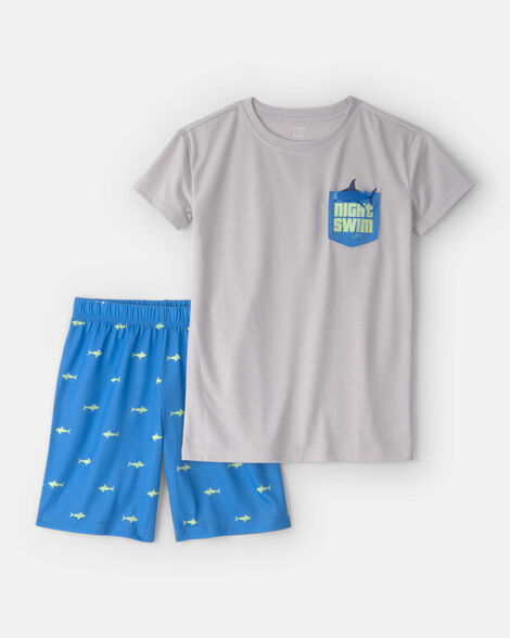 boys shark short-sleeve loose fit 2-piece pajama set - grey/blue