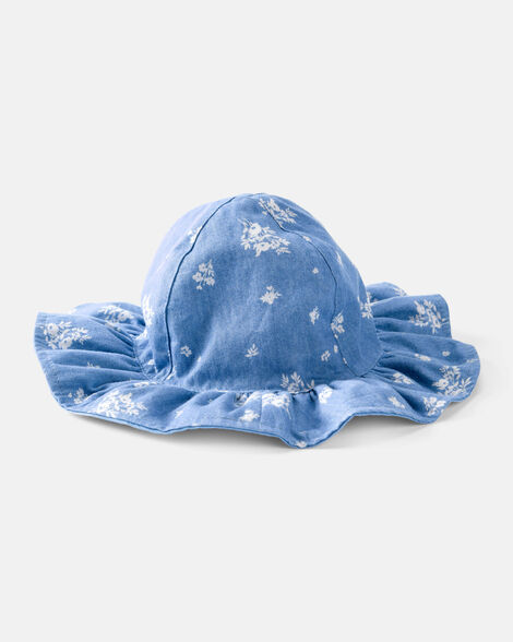 Baby Girl Chambray Floral Print Sun Hat - Blue