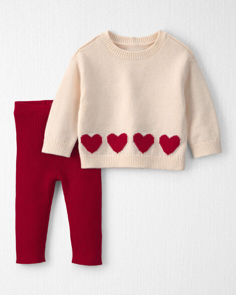 Baby Girl 2-Piece Organic Cotton Sweater Knit Top & Pant Set in Red Hearts