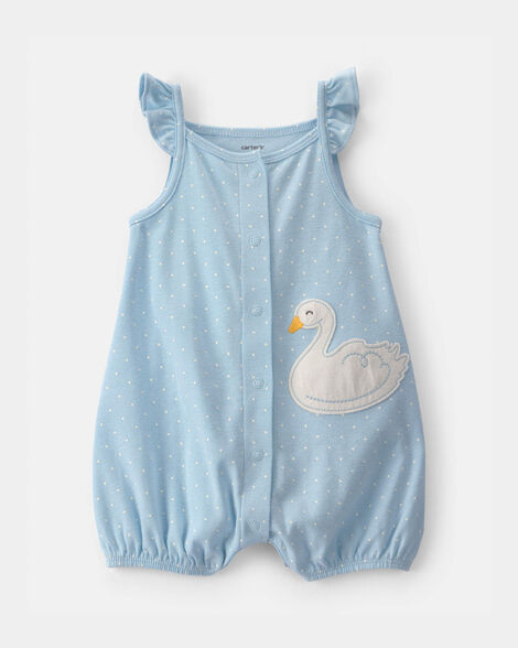 baby swan polka dot sleeveless romper - blue
