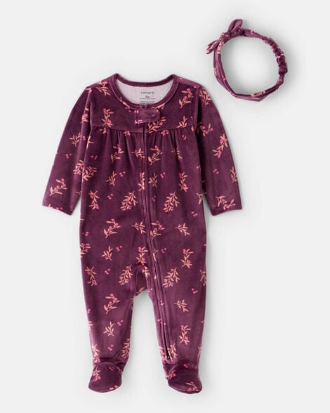 baby girl 2-piece floral dreamplush long-sleeve snug fit sleep & play pajamas - maroon