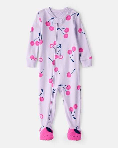 baby girl cherry 100% cotton snug fit 2-way zip footie 1-piece pajamas - purple