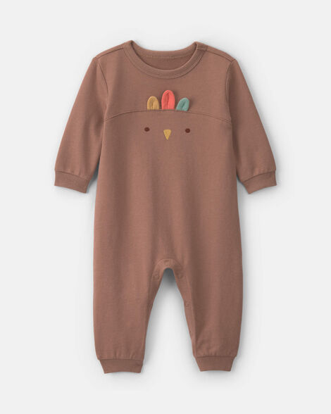 baby turkey thanksgiving french terry long-sleeve jumpsuit - brown