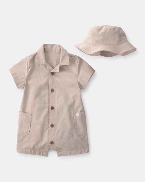 baby boy 2-piece canvas short-sleeve romper set - khaki