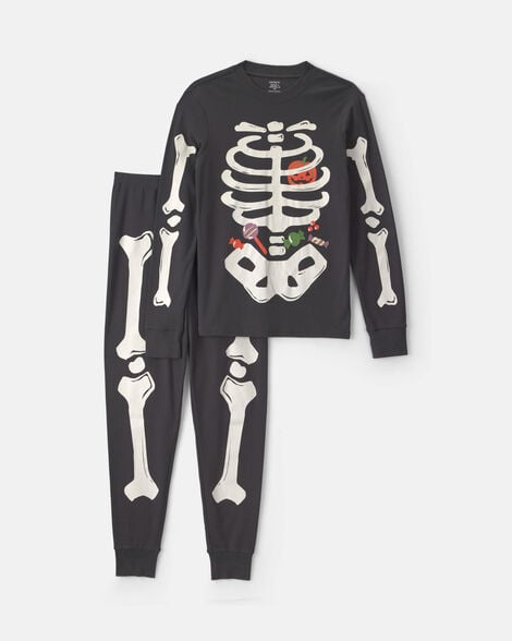 adult 2-piece halloween glow in the dark skeleton 100% cotton snug fit pajama set - charcoal