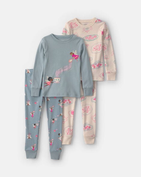 toddler girl 4-piece fairy 100% cotton snug fit pajama set - blue/cream