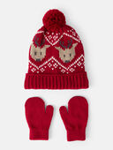 Red - Toddler Boy 2-Pack Reindeer Fair Isle Winter Hat & Mittens - Red, Selected