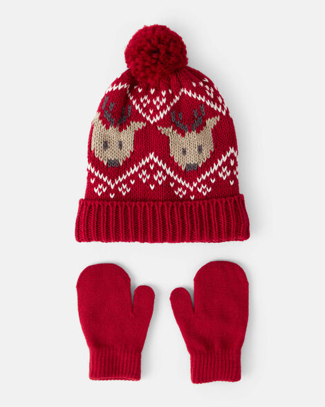 Product image 1 of Toddler Boy 2-Pack Reindeer Fair Isle Winter Hat & Mittens - Red