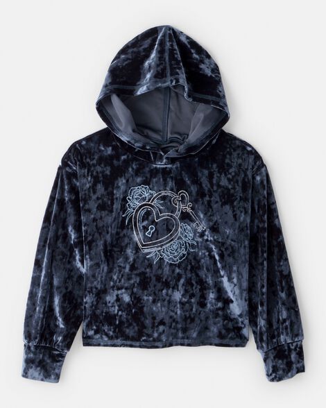 Girls Heart Embroidered Hooded Velour Top - Blue