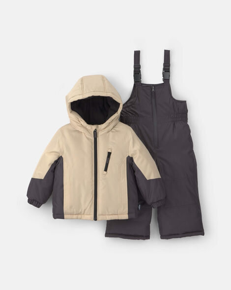 Toddler Boy 2-Piece Color Block Hooded Snowsuit Jacket & Bib Set - Khaki/Grey