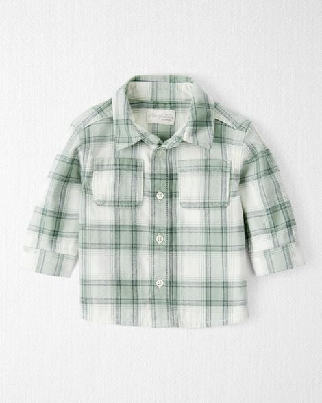 Baby Organic Cotton Herringbone Button-Front Shirt in Plaid