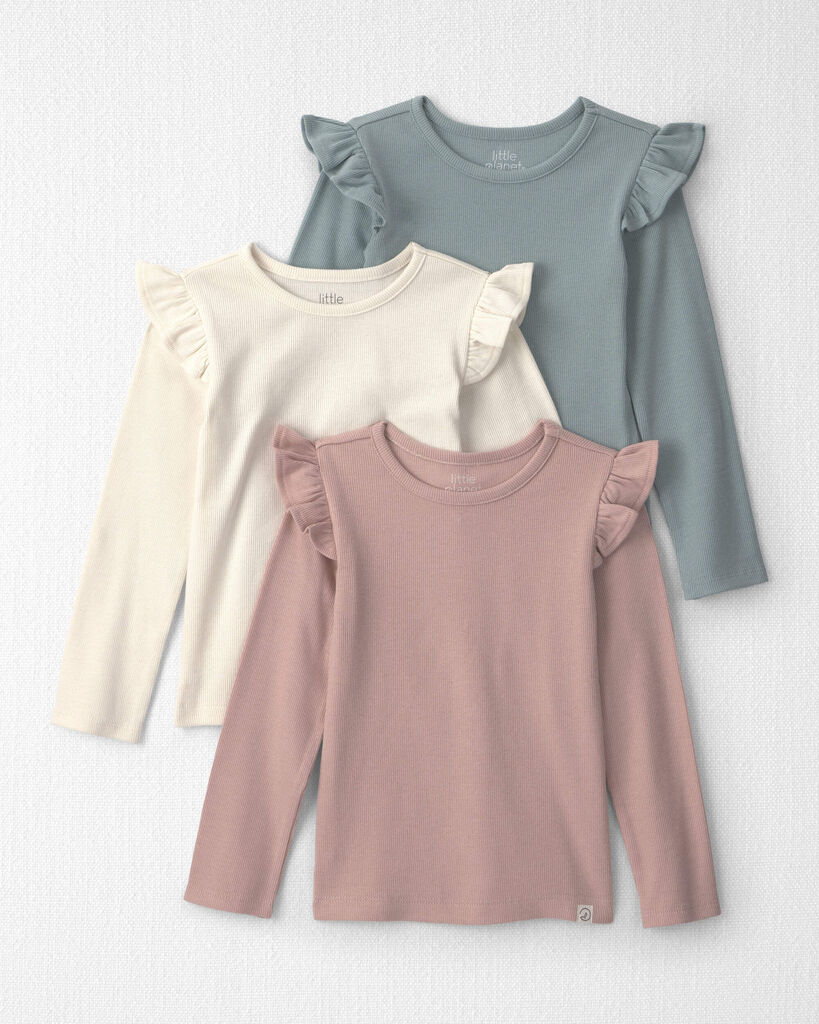 Little Planet Toddler Girl 3-Pack Organic Cotton Rib Slim Fit Tops 2T Pink, Cream, Blue
