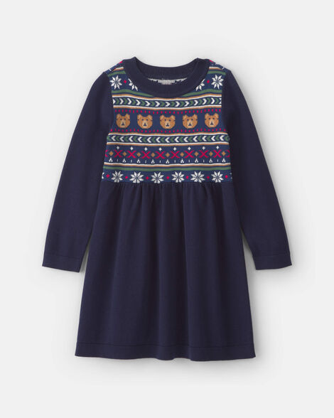 Toddler Girl Bear Fair Isle Long-Sleeve Dress - Navy Blue