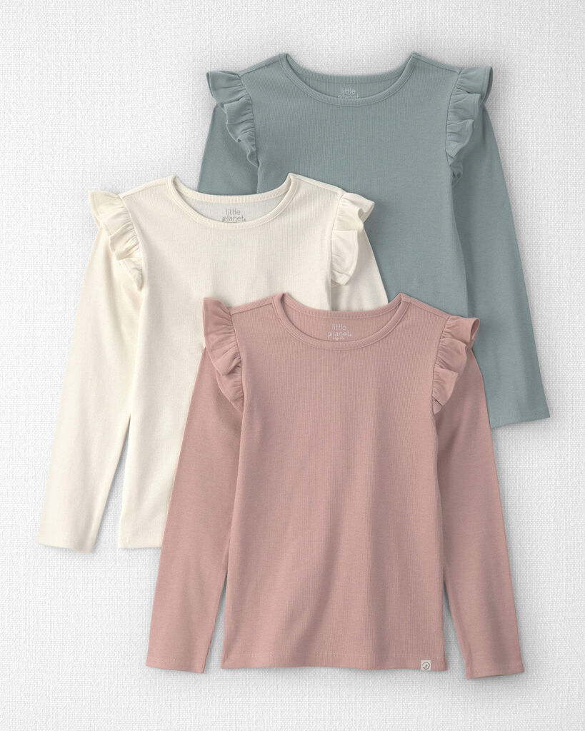 Little Planet Girls 3-Pack Organic Cotton Rib Slim Fit Tops 6 Pink, Cream, Blue