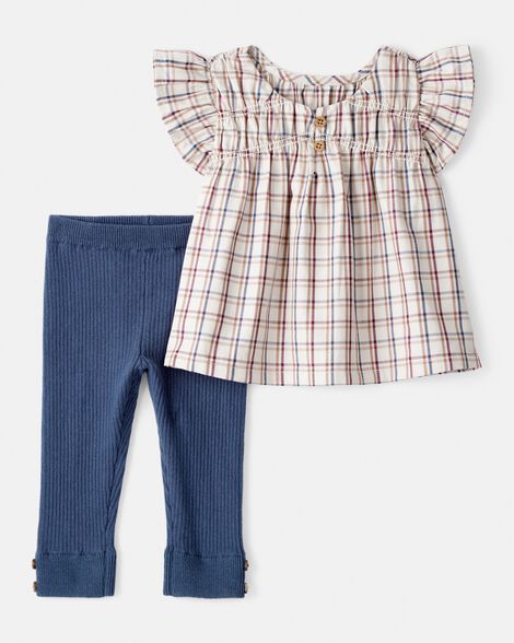 baby girl 2-piece plaid short-sleeve outfit set - blue