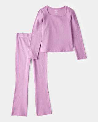 Product image 1 of Kid 2-Piece Ribbed Long-Sleeve Tee & Flare Pant Set - Purple