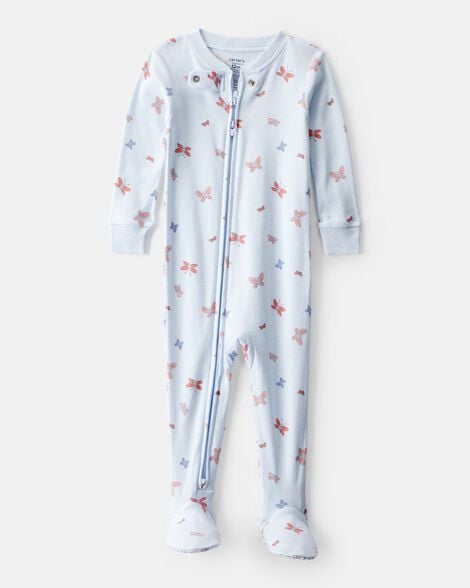 toddler girl butterfly 100% cotton snug fit footie 1-piece pajamas - blue