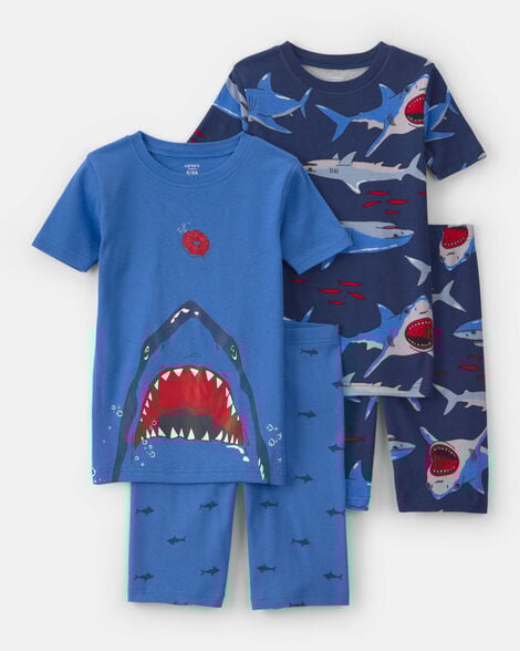 boys shark 100% cotton short-sleeve snug fit 4-piece pajama set - blue