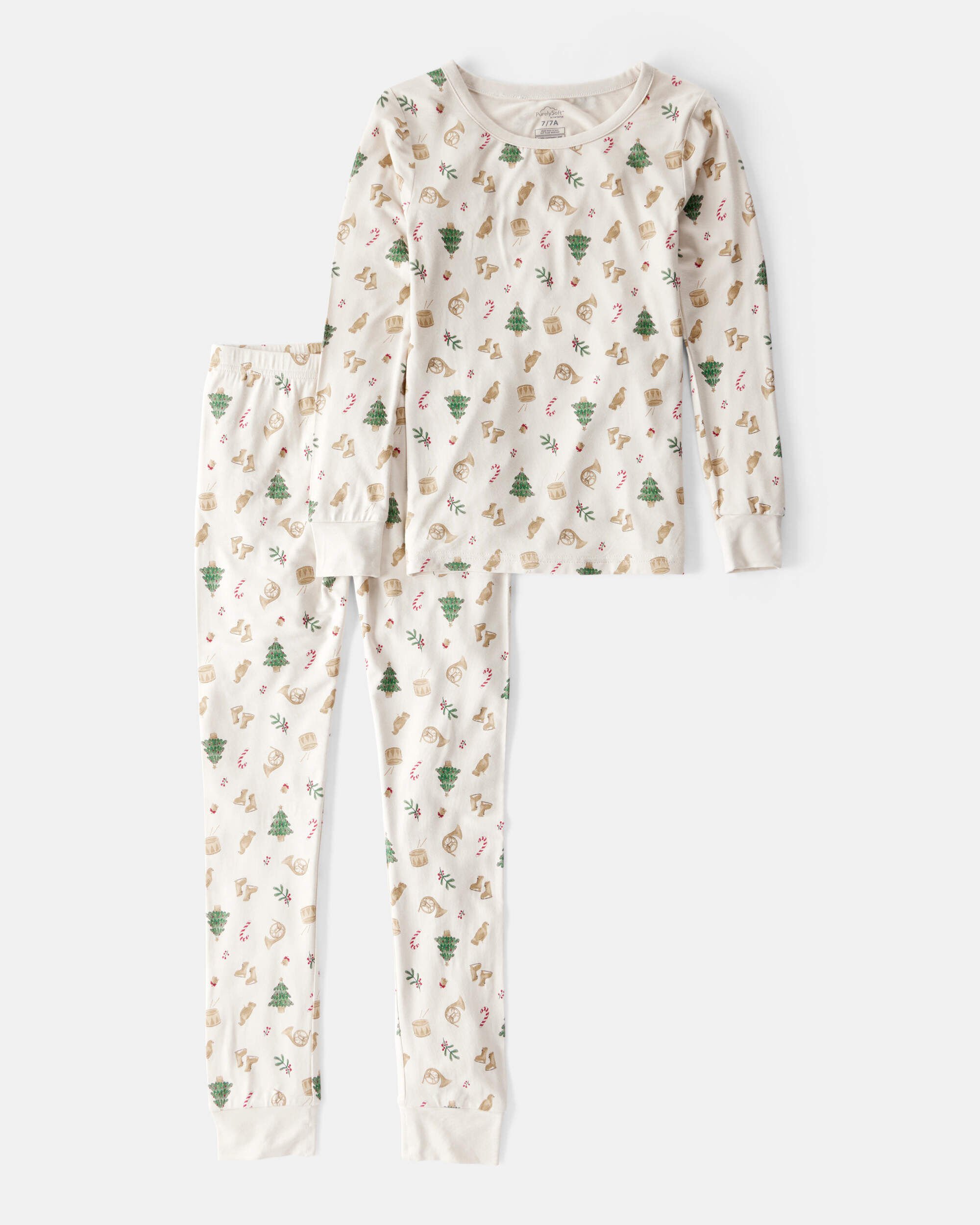 Kid Festive Holiday PurelySoft Long-Sleeve Snug Fit 2-Piece Pajamas - Cream