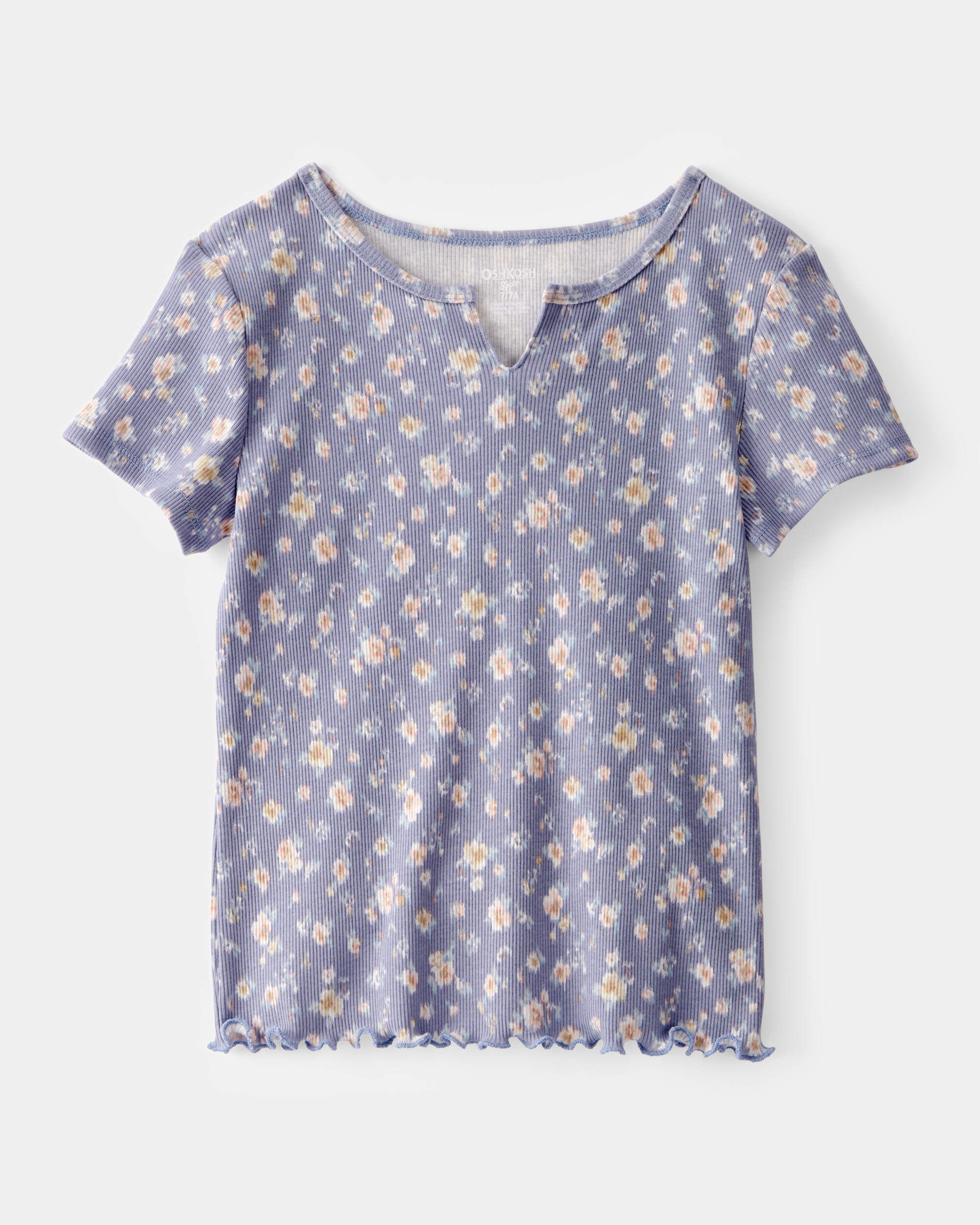 Girls Ribbed Floral Print Short-Sleeve Shirt