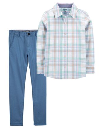 Kid 2-Piece Button-Front Shirt & Slim Stretch Chino Pants Set