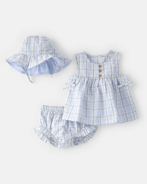 baby girl 3-piece plaid hat, top & short set - blue