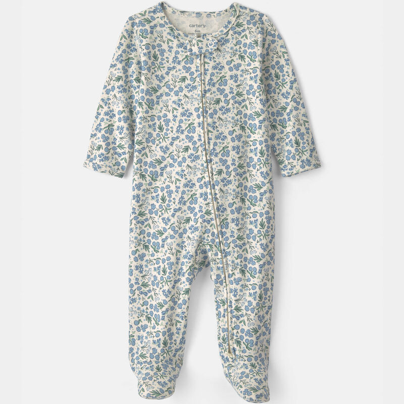 Baby Girl Floral 100% Cotton 2-Way Zip Sleep & Play Pajamas - Blue/Ivory