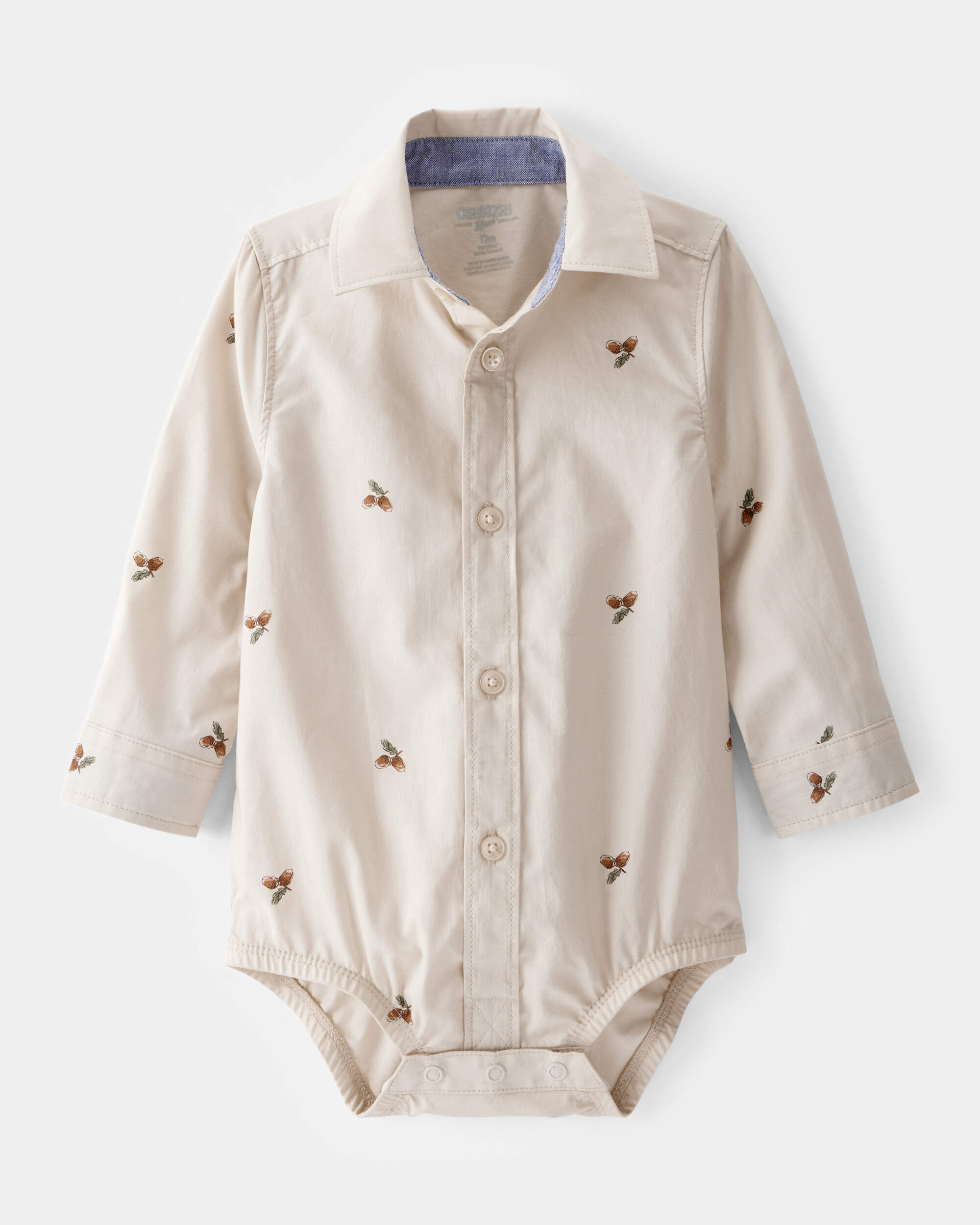 Baby Boy Poplin Acorn Print Long-Sleeve Bodysuit - Khaki