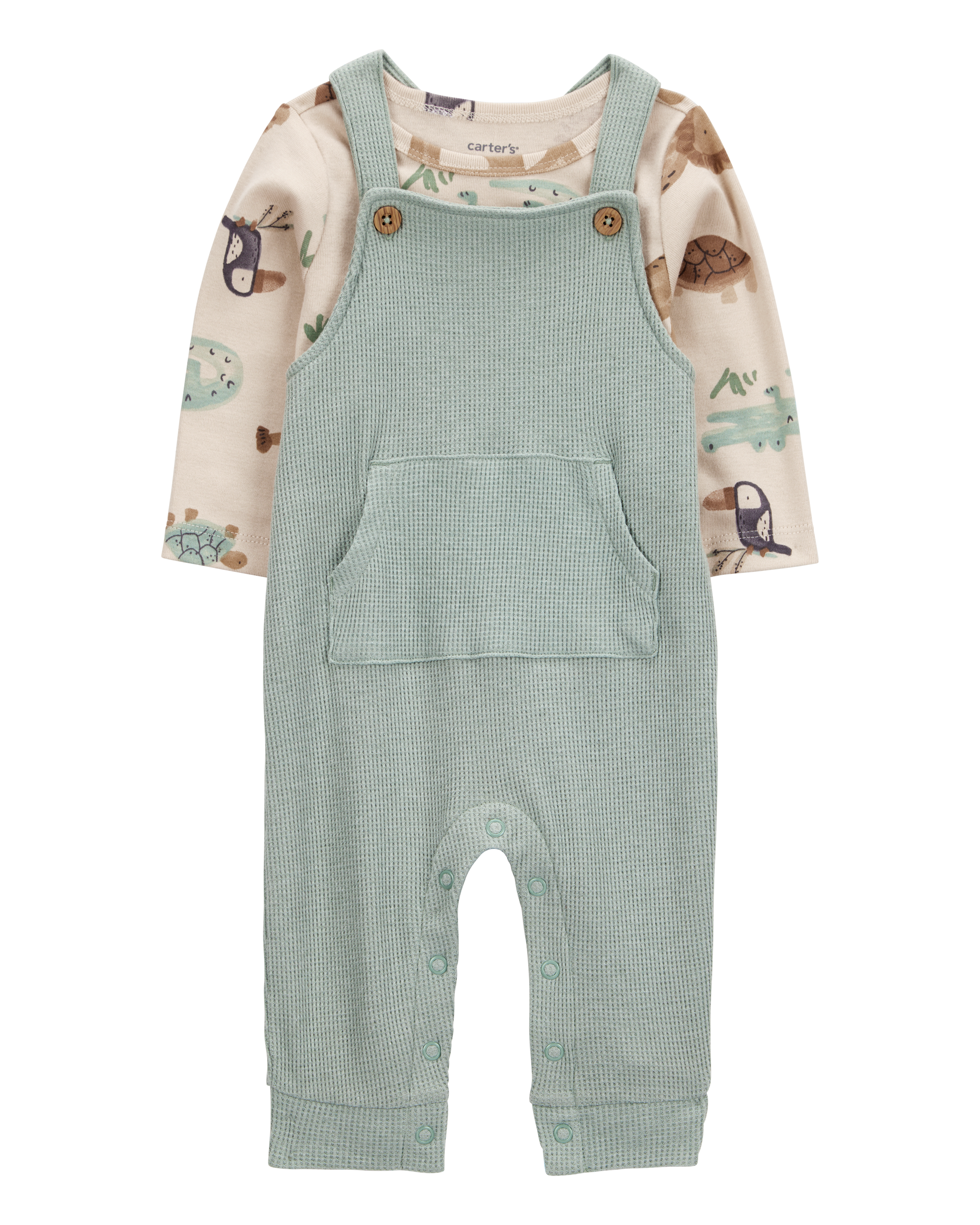 Baby 2-Piece Long-Sleeve Tee & Waffle Knit Coverall Set - Green