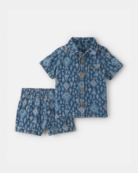 Baby Boy 2-Piece Button-Down Denim Top & Short Set - Medium Wash