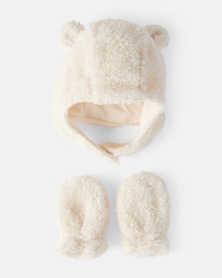 Product image 1 of Baby Girl Sherpa Winter Hat & Mittens Set - White