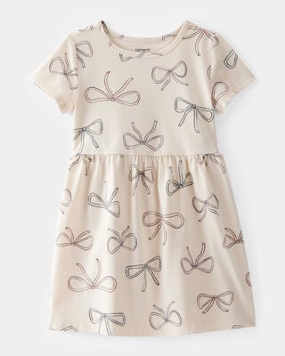 Product image 1 of Toddler Girl Bow Print Short-Sleeve Knit Dress - Ivory