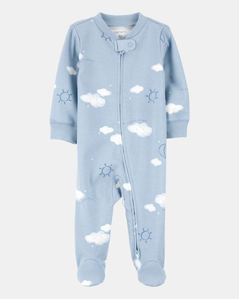 baby boy cloud print 2-way zip cotton sleep & play pajamas - blue