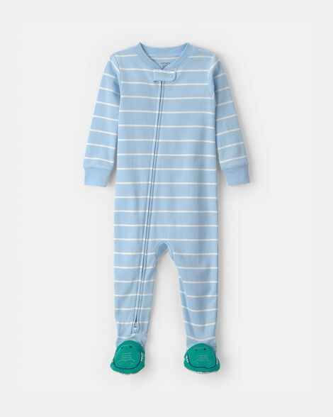 toddler boy alligator striped 100% cotton snug fit 1-piece pajama - blue