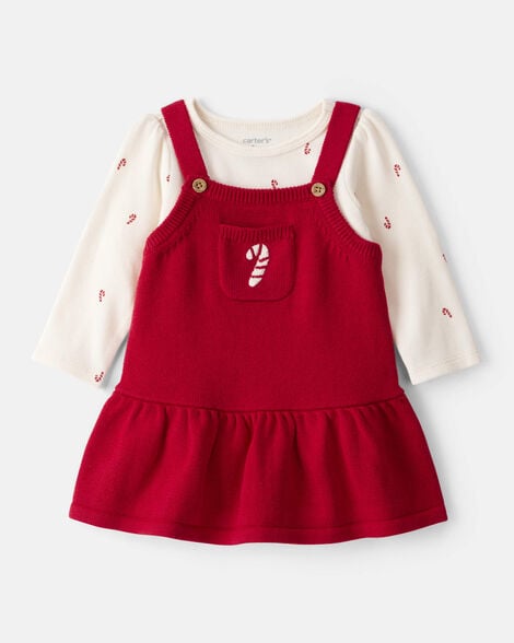 baby girl 2-piece candy cane print long-sleeve top & dress set - red