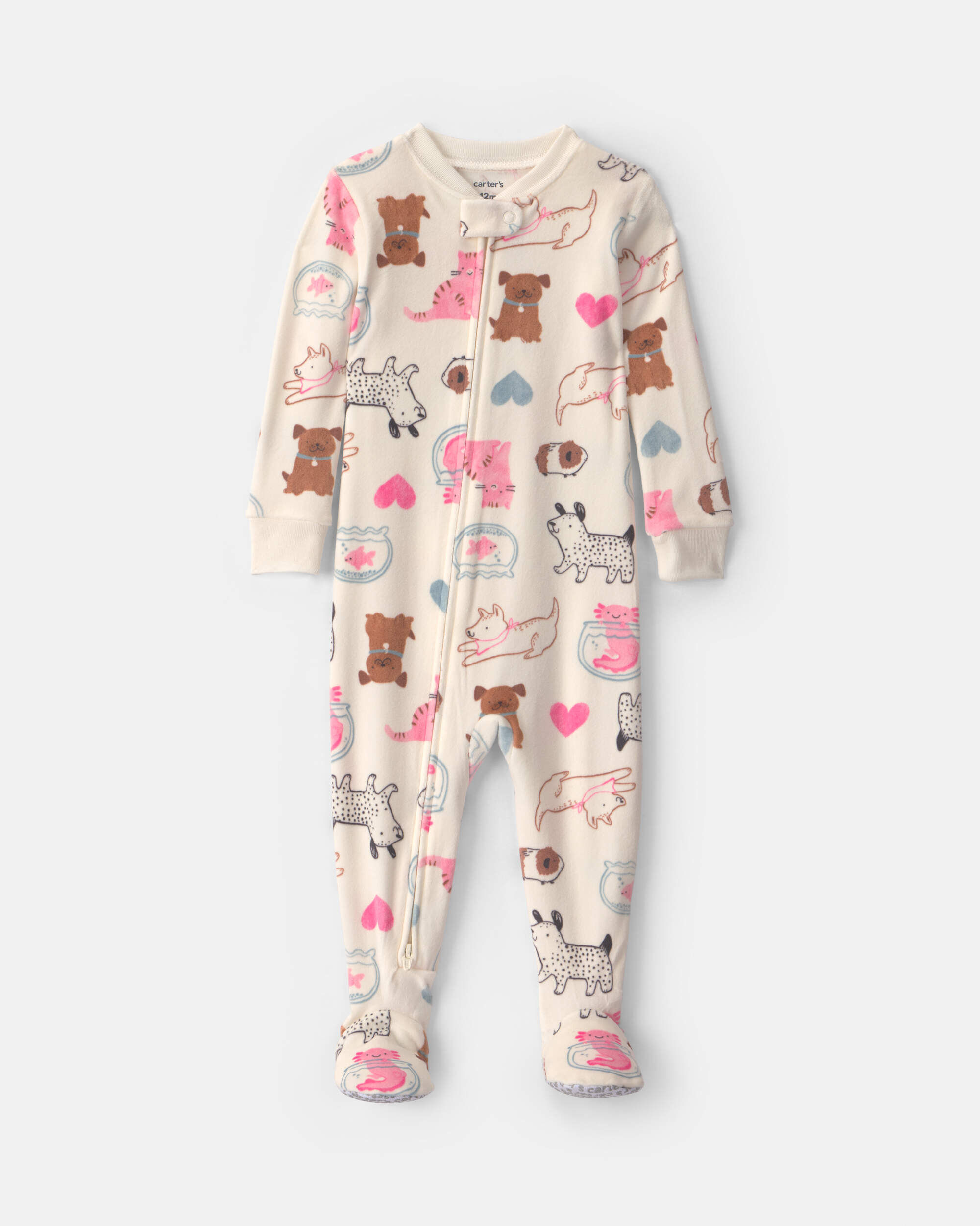 Carter's baby girl 1-piece pets 2-way zip dreamplush snug fit footed pajama 12M Cream