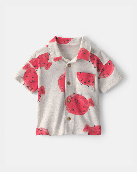 baby boy pufferfish short-sleeve button-down shirt - grey/red