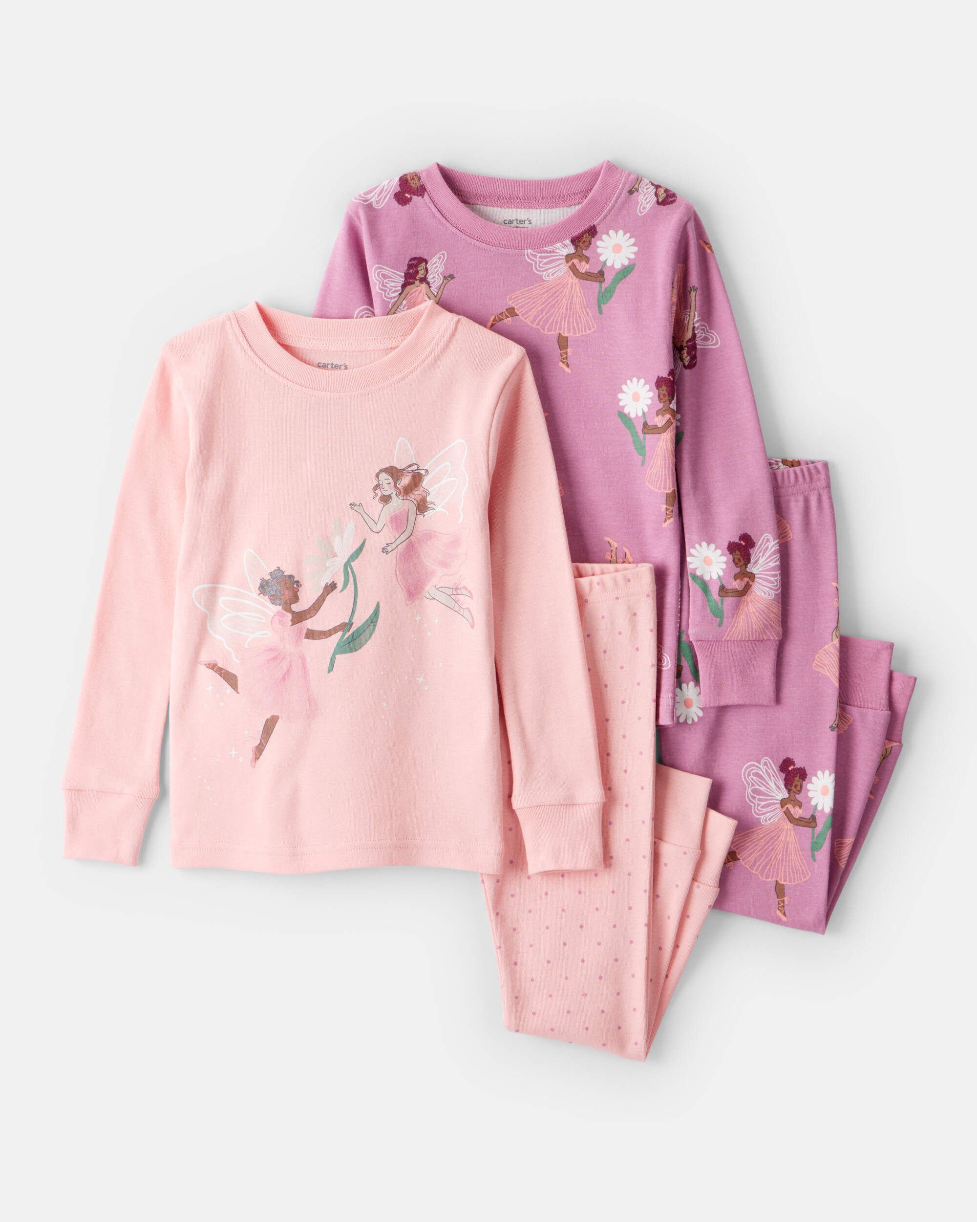 Toddler Girl Fairy Floral 100% Cotton Long-Sleeve Snug Fit 4-Piece Pajamas - Pink/Purple