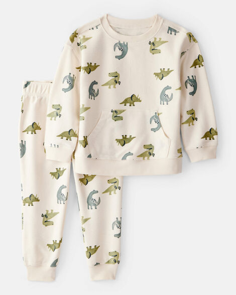 toddler boy dinosaur french terry long-sleeve tee & pant set - ivory