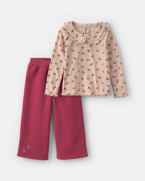toddler girl 2-piece floral fleece long-sleeve top & pant set - brown/red