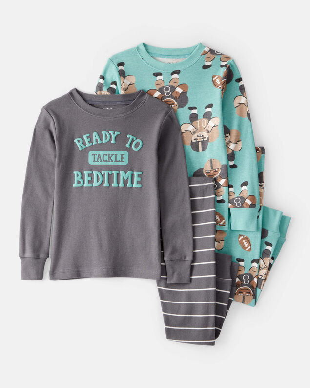 Product image 1 of Toddler Boy Football Print 100% Cotton Long-Sleeve 4-Piece Pajamas - Blue