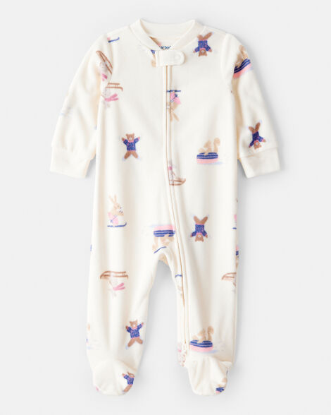 Product image 1 of Baby Girl Animal Ski Print Loose Fit Long-Sleeve Sleep & Play Pajamas - Cream