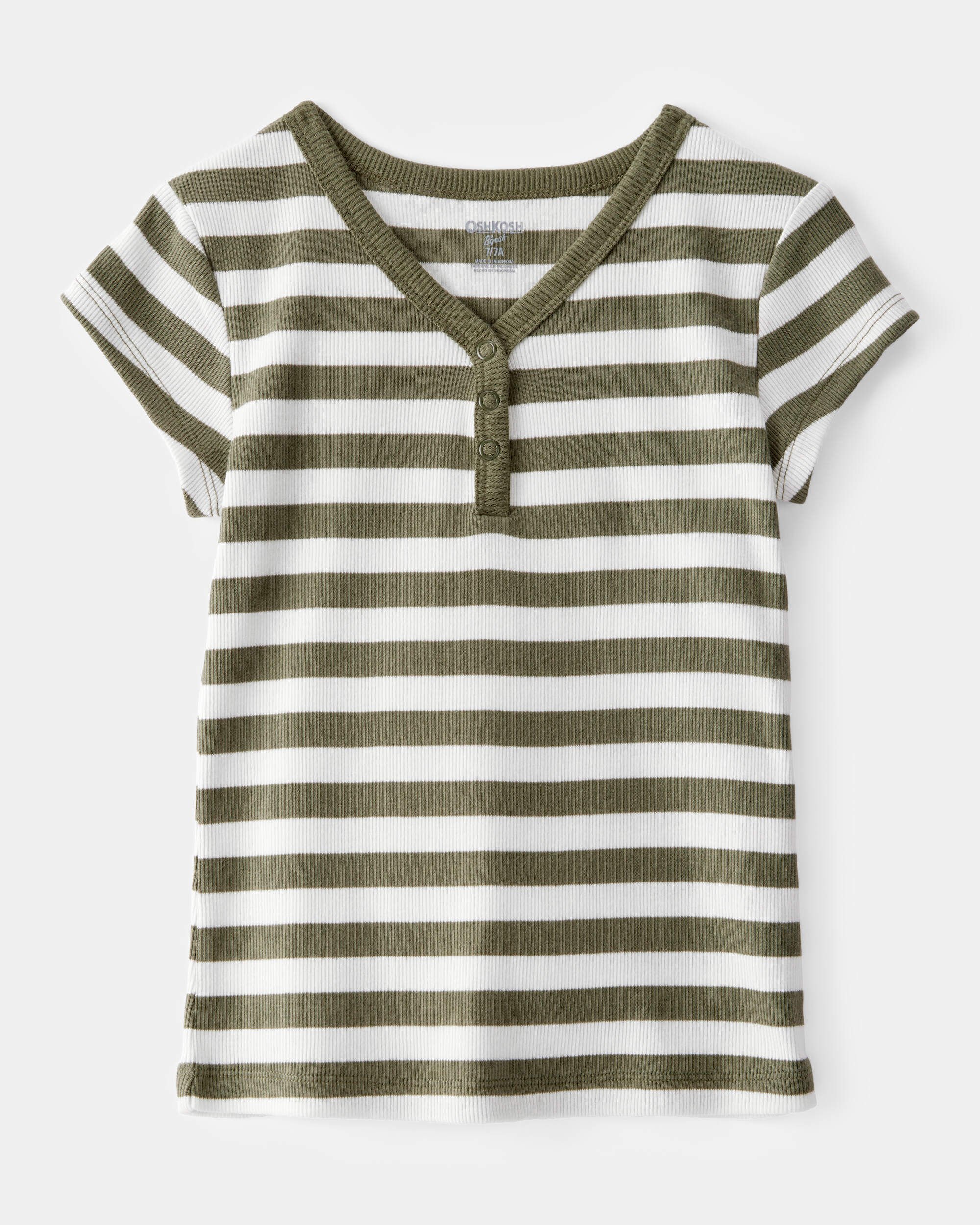 Kid Ribbed Henley Striped Short-Sleeve Shirt - Green
