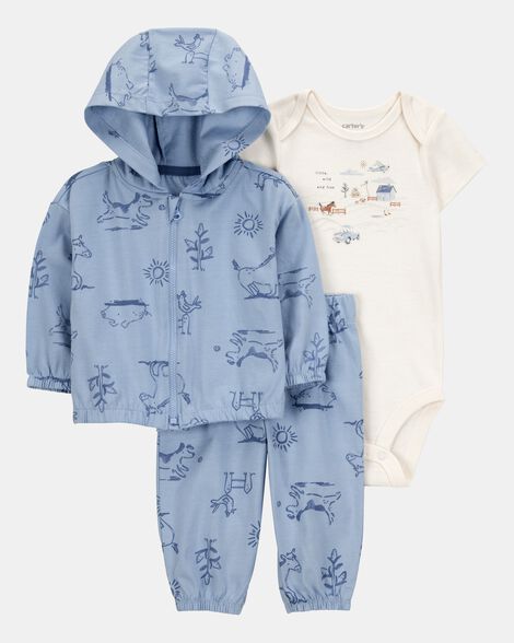 baby dog 3-piece cardigan set - blue/white