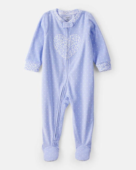 Product image 1 of Baby Girl Heart Print Loose Fit Long-Sleeve 2-Way Zip 1-Piece Pajamas - Blue