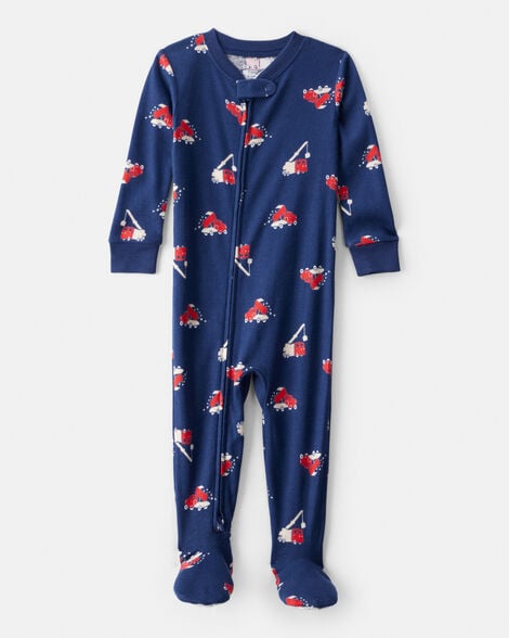 baby boy construction 100% cotton snug fit 2-way zip footie 1-piece pajamas - navy