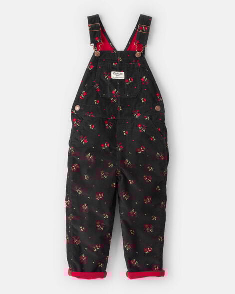 Toddler Girl Floral Print Corduroy Sleeveless Overalls - Black