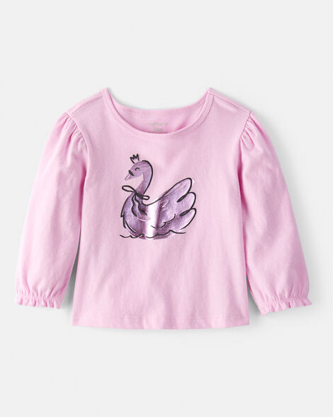 baby girl metallic swan long-sleeve graphic tee - pink