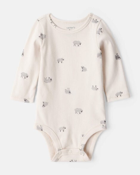 Baby Boy Sheep Print Cotton Long-Sleeve Overall Set - White/Grey
